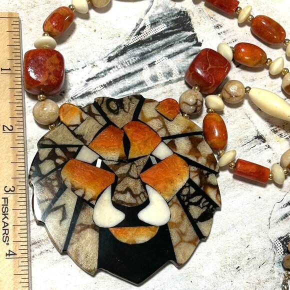 Lee Sands Jewelry - Lee Sands Designer Vintage Lion Face Stone Bead Statement Huge Necklace Retro
